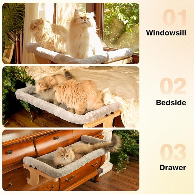 Oversized Cat Window Perch, 31.5 x 14.96 in, Cat Window Hammock with Plush Bolster for Large Felines and Multi Felines, Adjustable Cats Bed for Windowsill, Bedside, Cabinet & Drawer (Gray)-Mewly Pet