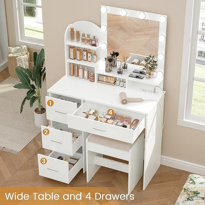 Quimoo Makeup Vanity with 10 Light Bulbs and Charging Station, Vanity Desk with Lighted Mirror & 4 Drawers, Vanity Table Set with Cushioned Stool,White