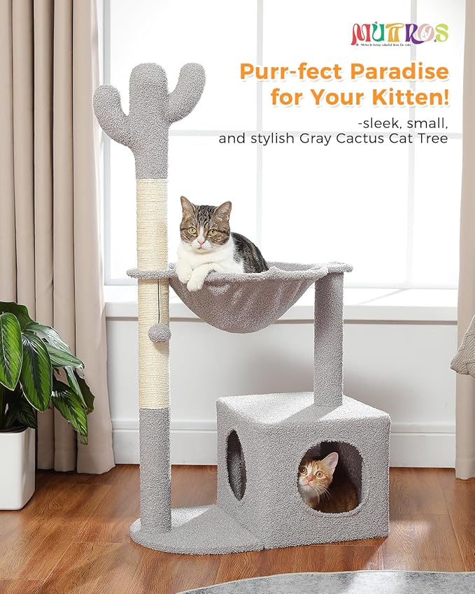 Cactus Cat Tree Cat Scratching Post 40" Cat Tower with Large Metal Carpet Hammock, Cat Scratching Post for Indoor Cats with Condo& Dangling Ball, Grey-Mewly Pet