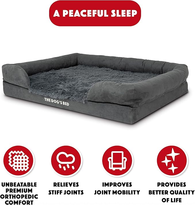 The Dog’s Bed, XL Grey Fur 43.5x34,Memory Foam, Pain Relief: Arthritis, Hip & Elbow Dysplasia, Post Surgery, Lameness, Supportive, Calming, Waterproof Washable Cover, Veterinary Approved-Mewly Pet