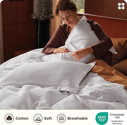 Bedsure Cotton Duvet Cover Queen - 100% Cotton Waffle Weave Bright White Duvet Cover Queen Size, GentleSoft™ and Breathable Bedding Set for All Season, 3 Pieces, 90"x90"