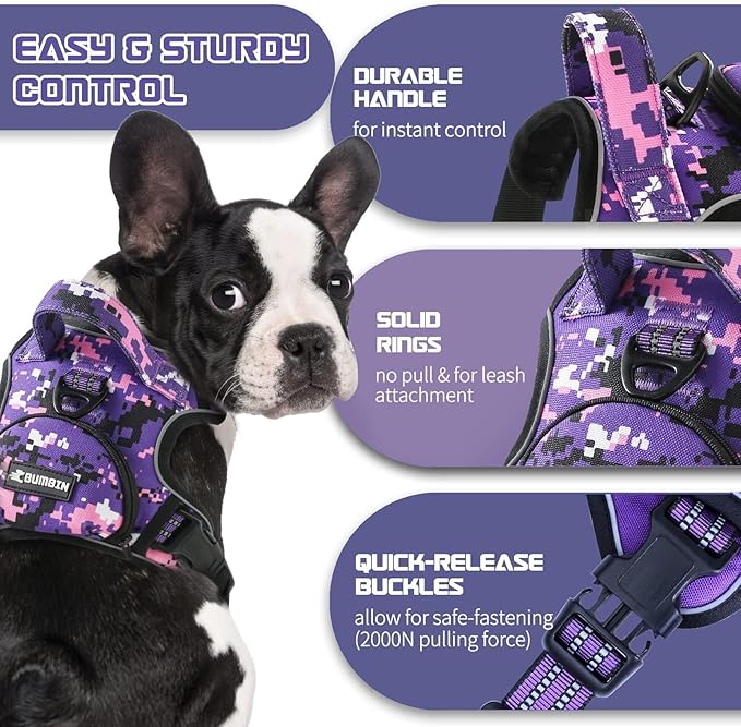 No Pull Dog Harness for Large Dogs, Adjustable No Choke Pet Vest with Dog Leash Fit Smart Reflective Pet Walking Harness for Training Easy Control Soft Handle Purple Camo L-Mewly Pet