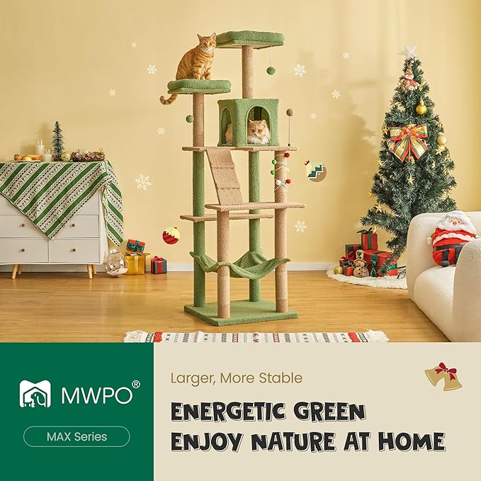 MWPO 70.1-Inch Green Large Cat Tree, Multi-Level Tall Cat Tower for Indoor Cats, Plush Cat Condo with Big Padded Perches, Sisal-Covered Scratching Posts, Hammock, Toys for Kittens & Cats-Mewly Pet