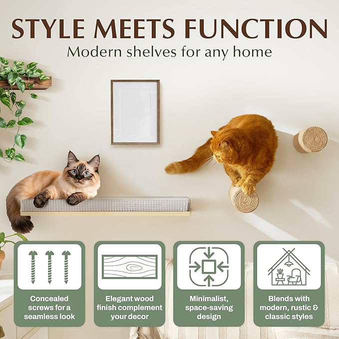 2-Pack Sisal Wall-Mounted Cat Climbing Wall Steps, Cat Wall Steps/Stairs with Sisal Scratching Surface, Wall Shelf Furniture for Climbing & Play for Kittens & Cats, Hidden Mounts-Mewly Pet