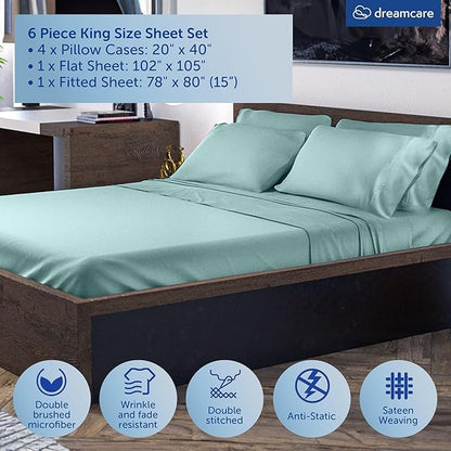 DREAMCARE King Size Sheets Set – 6 pcs Cooling Bed Sheets – up to 15” Deep Pocket King Sheet Set – 2500 Supreme Collection – Extra Soft 100% Brushed Microfiber Hotel Luxury with Side Pocket – Spa Blue