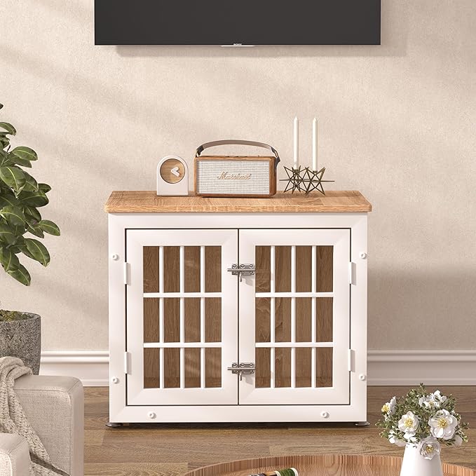 26" Heavy Duty Dog Crate Furniture for Small Dogs, Metal Kennel for High Anxiety Dogs, Chew Proof Pet Cage Indoor, Decorative Dog Kennel End Table,White-Mewly Pet