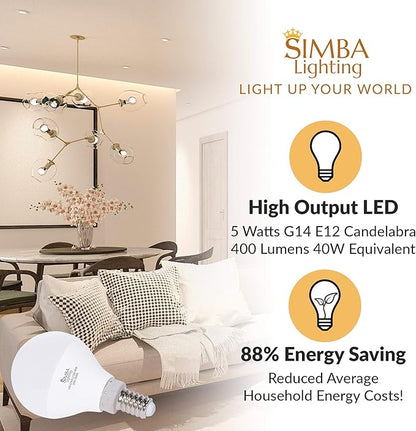 Simba Lighting LED Candelabra E12 Base G14 Small Globe 5W 40W Replacement Light Bulb (6 Pack) for Ceiling Fan, Chandelier, Vanity, Round A15 Frosted White Cover, Non-Dimmable, 3000K Soft White