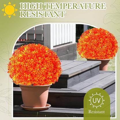 Yunlly Set of 2 Artificial Boxwood Topiary Ball Tree 27 Outdoor Boxwood Balls with Flower Faux Bush UV Resistance Fake Shrub Plant with Spike for Garden Porch Patio Decor (Fall Dark Orange,27x18inch)