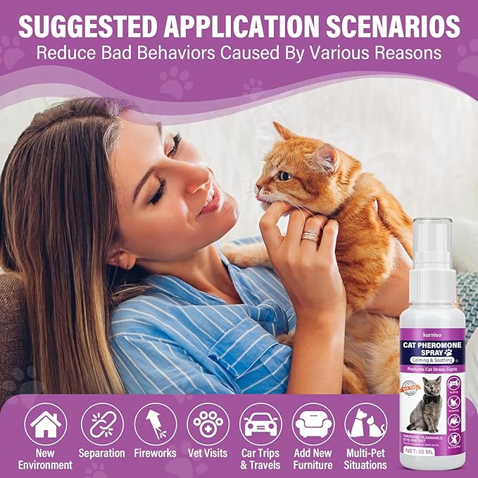 Cat Calming Pheromone Spray, 2 Pack, Calming Spray for Cat Anxiety Relief, Reduce Stress, Hiding & Scratching Furniture - During Travel, Fireworks, Thunder, 60 ML-Mewly Pet