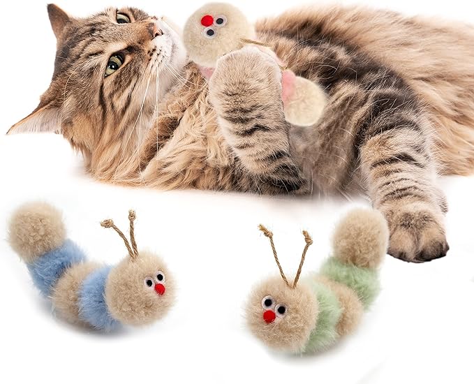 Interactive Natural 3 PK Catnip Toy, with Rattle, Bite Resistant, for All Ages Indoor Cat, Soft Caterpillar Toys, Fluffy Kitten Toy-Mewly Pet