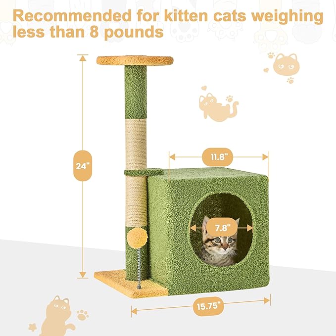 24 Inch Cat Tree Condo for Indoor Cats with Floral Sisal Scratching Post, Plush Hang Ball Play Furniture for Kittens Cats, Yellow-Mewly Pet