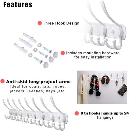 Dseap Coat Rack Wall Mount - 29.5” Long 8-Tri-Hooks Heavy Duty Coat Hanger Rail Wall Hooks for Hanging Coats Hats Clothing Clothes Purse Mudroom Entryway, White