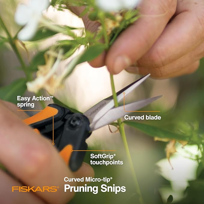Fiskars Curved Micro-Tip Pruning Snips - 6" Garden Shears with Sheath and SoftGrip Handle - Yard and Garden Tools - Orange/Black-Mewly Pet