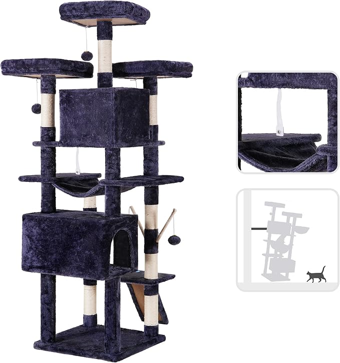 Hey-brother Cat Tree, 71 inches XL Large Cat Tower for Indoor Cats, Multi-Level Cat House with 3 Padded Perches, Big Scratcher, Cozy Basket, 2 Cat Condos and Scratching Posts, Smoky Gray MPJ034G-Mewly Pet