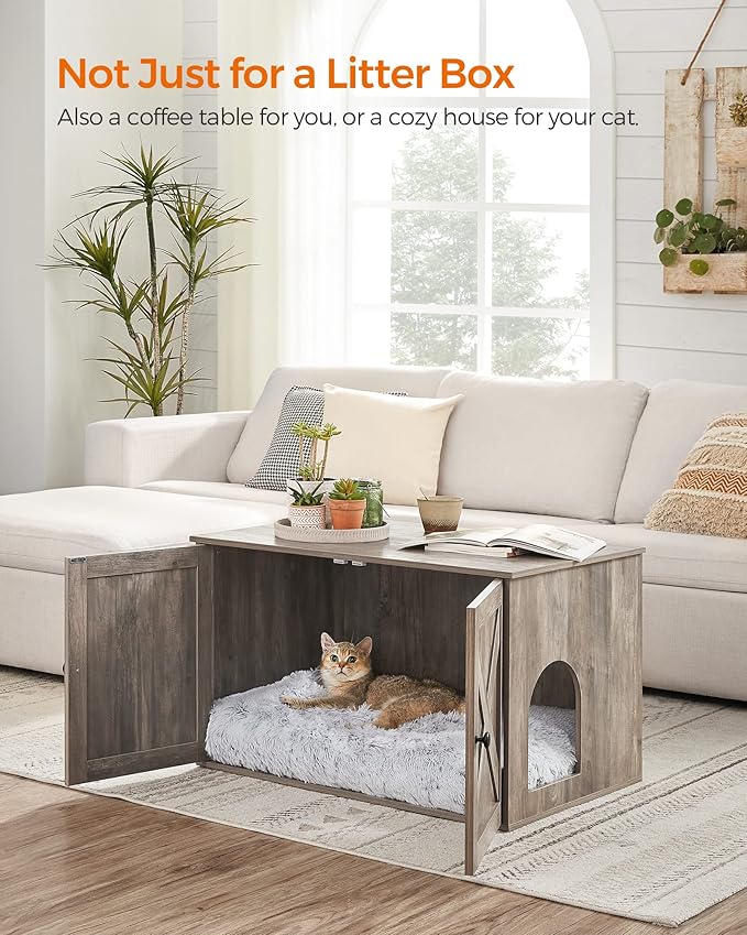 Feandrea Cat Litter Box Enclosure, Litter Box Furniture Hidden with Removable Divider, Indoor Cat House, End Table, 31.5 x 20.9 x 19.7 Inches, Greige UPCL002G01-Mewly Pet