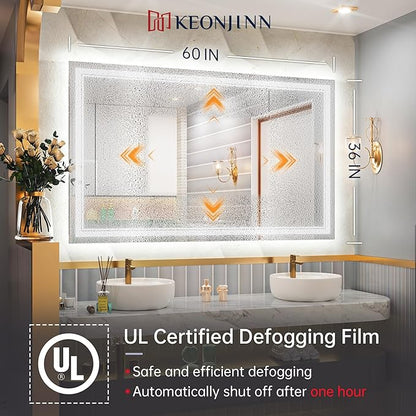 Keonjinn LED Bathroom Mirror 60" x 36" with Frontlit and Backlit, Tempered Glass Stepless 3 Colors Temperature & Dimmable Large Vanity Mirror, UL Listed LED Driver, Double Lights Anti-Fog Wall Mirror