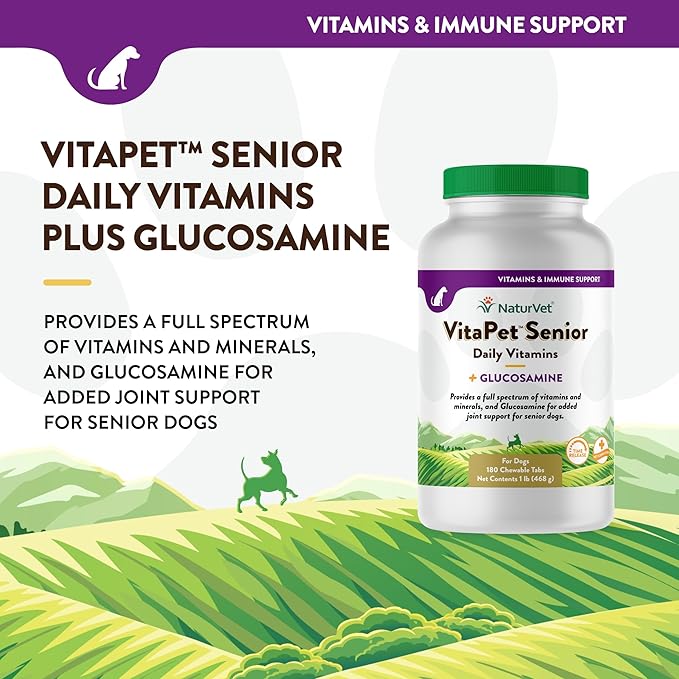 NaturVet VitaPet Senior Daily Vitamins Plus Glucosamine, Dog Multivitamin Supplement, Chewable Tablets, Time Release, Made in The USA with Globally Source Ingredients 180 Count-Mewly Pet
