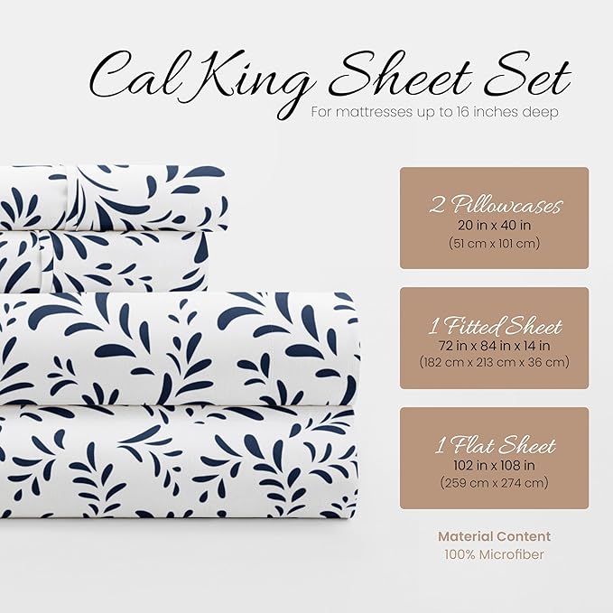 Linen Market Double-Brushed Patterned Microfiber California King Sheet Set 4 Piece – OEKO-TEX Certified Ultra Soft & Wrinkle-Free - 16" Deep Pocket Sheets Easy Care Cal-King Size - Burst of Vines Navy