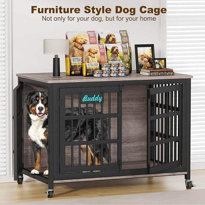 EasyCom 48"/42"/33" XXL Dog Crate Furniture with Casters, Heavy Duty Dog Kennel Indoor for Large Dogs, Escape-Proof and Chew-Proof Dog Cage for high Anxiety Dog, Decorate House as TV Stand, End Table-Mewly Pet