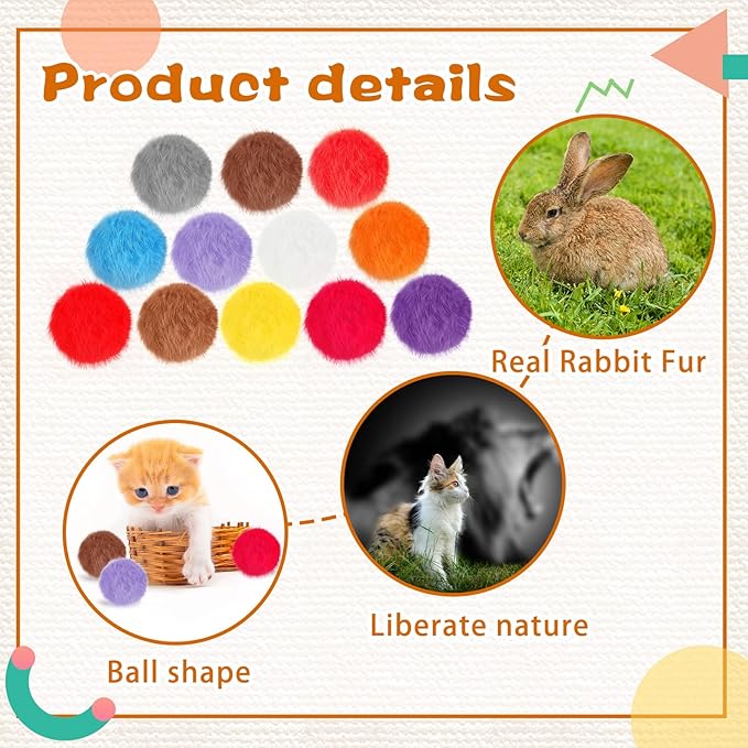 LEIFIDE 12 Pieces Real Rabbit Fur Pom Pom Kitty Cat Toy Fluffy Cat Balls Soft Fuzzy Balls for Kitty Pets Kitten Chase Quiet Play, 3 Inches in Diameter(Bright Color)-Mewly Pet