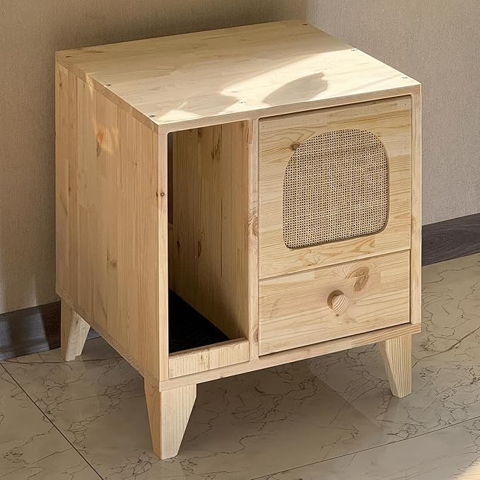 Cat Litter Box | Hidden Litter Box Furniture with Removable Divider | Wooden Cat Washroom Furniture | Indoor Cats House (Natural)-Mewly Pet