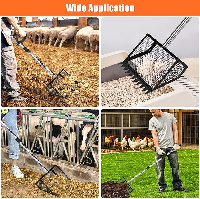 Chicken Poop Scooper and Rake with Ergonomic Handle, 2 in 1 Large Metal Chicken Coop Scoop for Poop with Adjustable Stainless Steel Pole, Sand Sifting Shovel for Chicken Coop Accessories-Mewly Pet