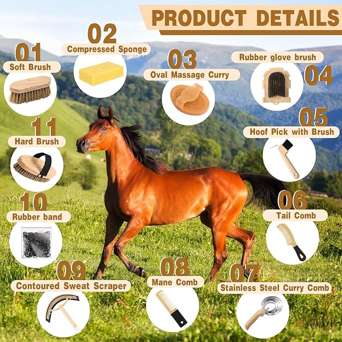 Abbylike 12 Pieces Horse Grooming Kit Racing Festival Tack Room Supplies Horse Brush Sets Equine Care Cleaning Kit Shedding Grooming Massaging Tools(Khaki)-Mewly Pet