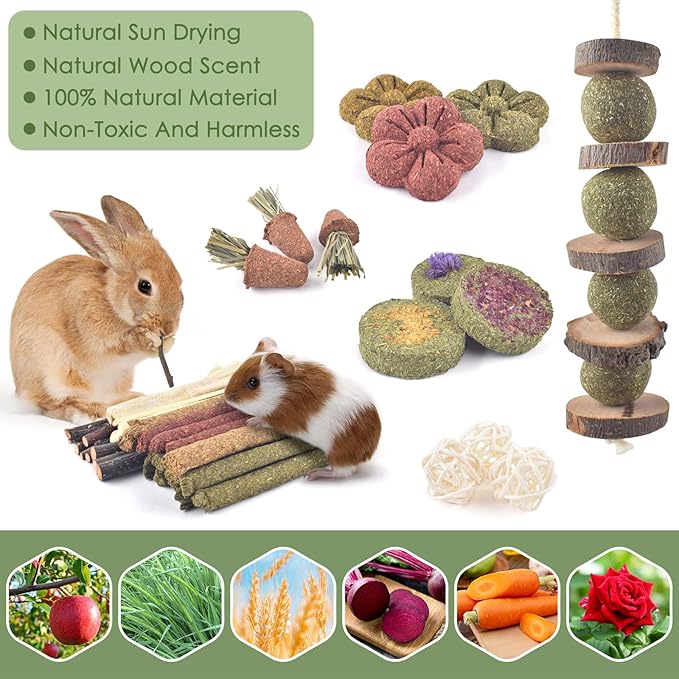 ERKOON Bunny Toys Boredom, 42 PCS Bunnies Timothy Hay Sticks Carrots Rose Grass Cake Dental Care, Molar, Chinchillas Toy Chew Toy, Guinea Pigs, Hamsters, Chinchilla, Rabbit Chew Toys for Teeth-Mewly Pet