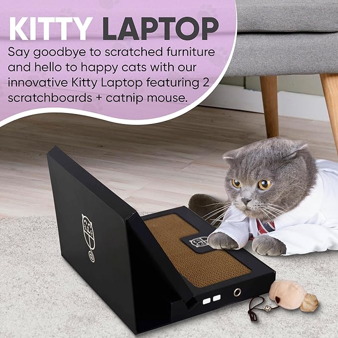 Toy Cat Laptop with 2 Scratchboards + Catnip Mouse Toy for Cats + 50pack Cat Sticker - Interactive Eco-Friendly Cat Computer with Scratch Pad Laptop for Cats - Mini Cat Laptop-Mewly Pet