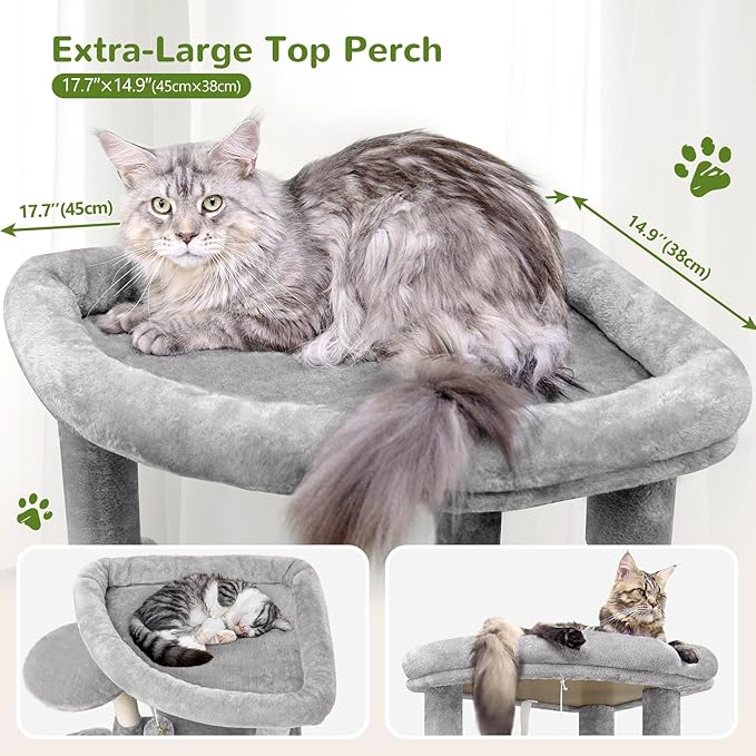 Globlazer Corner Cat Tree for Large Cats, 66inch Tall Curved Series Large Cat Tower for Multiple Indoor Cats with 6 Scratching Posts, 2 Spacious Cat Condos, Hammock, Hanging Basket, C66, Light Grey-Mewly Pet