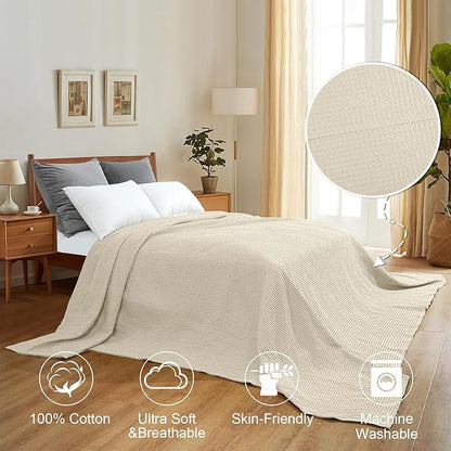 PHF 100% Cotton Waffle Weave Family Blanket,Oversized King Size 120"x 120"-Pre-Washed Snag Proof Lightweight Breathable Moisture-Wicking, 10'x 10' Huge Extra Large Big,Home Decoration Gift-Linen