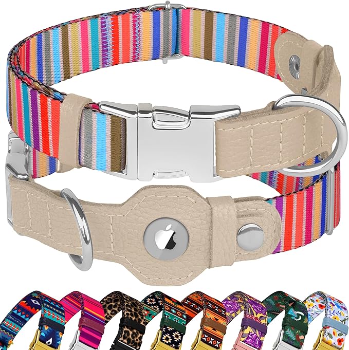 AirTag Dog Collar for Small Medium Large Breed - Adjustable Cute Pattern Dog Collar with Airtag Holder - Soft Leather Tracker GPS Apple Air Tag Pet Collars (X-Small, 9"-12" Neck Fit, Serape)-Mewly Pet