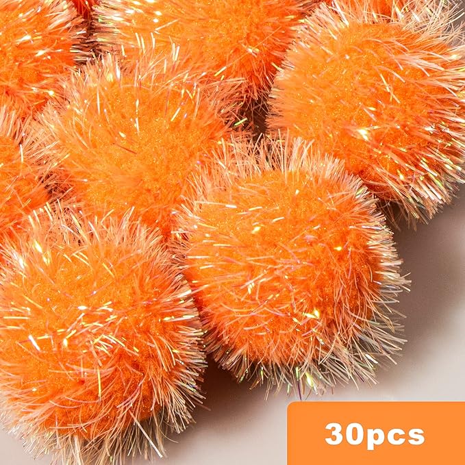 VAPKER 30 Pcs Cat Ball Toys Sparkle Balls Extra Large 2 Inch Cat's Favorite Chase Glitter Ball Glitter Tinsel Pom Poms Balls Orange Color-Mewly Pet