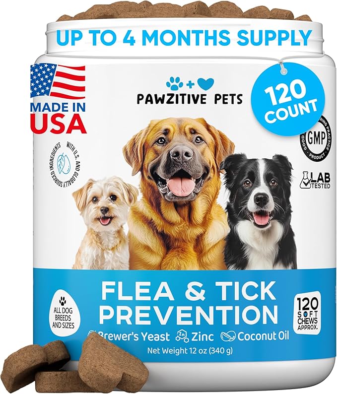 Chewable Flea and Tick Prevention for Dogs - 120 Soft Chews Made in USA - Oral Flea and Tick Control Pills for Small, Medium, Large Dogs and Puppies - Skin and Coat Supplement Treats for All Breeds-Mewly Pet