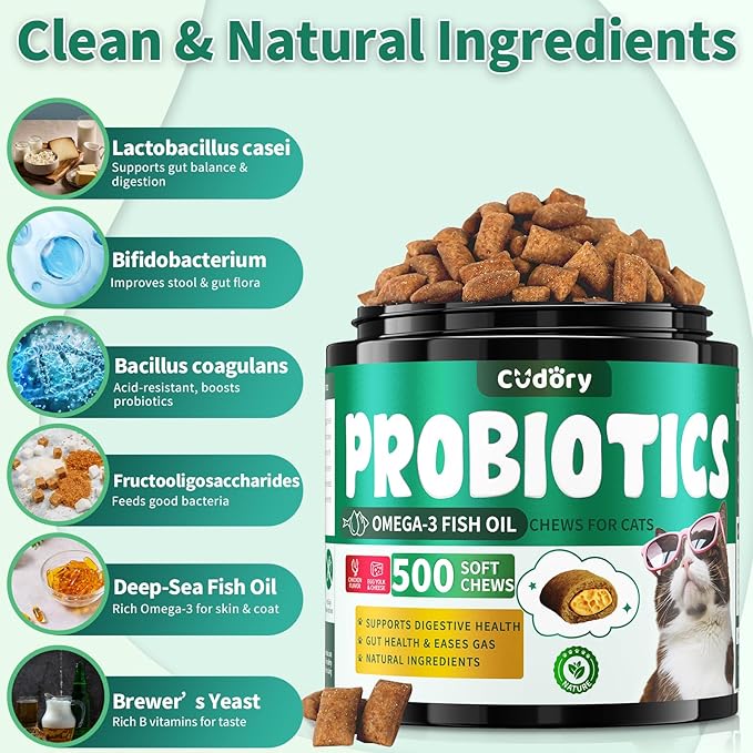 Cat Probiotics Tasty Chews for Digestive & Gut Support - Crunchy & Creamy Texture - Cat Gut Health, Constipation Relief, Healthy Stool, Natural Supplement for Cats, Chicken Flavor - 500 Chews-Mewly Pet