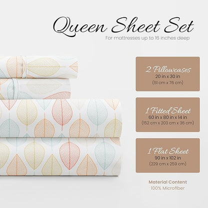 Linen Market Double-Brushed Patterned Microfiber Queen Sheet Set 4 Piece – Oeko-TEX Certified Ultra Soft & Wrinkle-Free - 16" Deep Pocket Sheets - Easy Care Queen Size - Fall Foliage Yellow