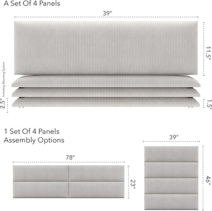 Vänt Upholstered Wall Panels - King/Cal King Size Wall Mounted Headboards - Ribbed Stone - Twin/King - Set of 4 Panels (Each Individual Panel 39"x11.5")