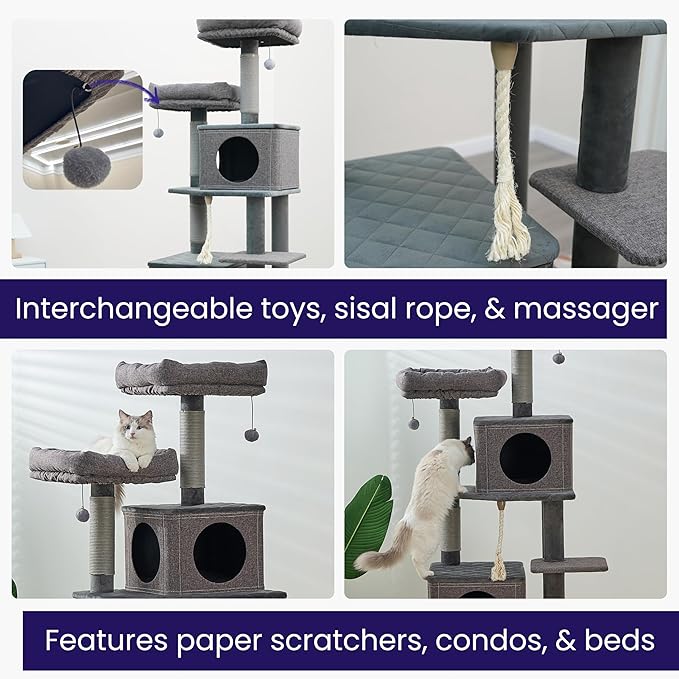 Catry® Stella 7-Level 67.5” Linen & Quilted Velvet Cat Tree with Recycled Paper Scratchers, Two Condos, Removable Beds, Toys, Easy to Clean, Ideal for Large Cats and Multi-Cat Homes (Zinc Gray)-Mewly Pet