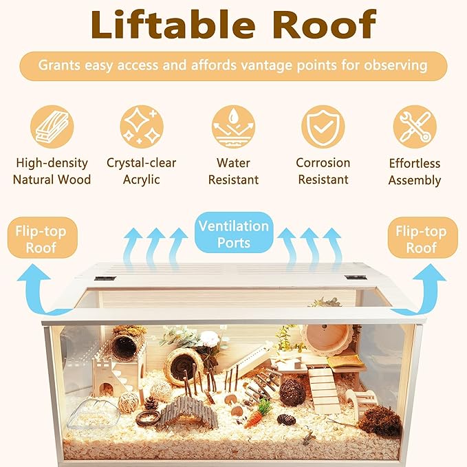 Prolee Hamster Cage with Legs Chew Proof Hamster Habitat Guinea Pig Cages, Hamster House, Hamster Cages and Habitats (32" L x 16" W x 40" H, Thick Wood Roof)-Mewly Pet