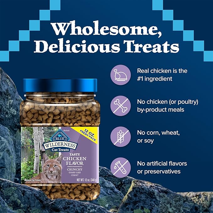 Blue Buffalo Wilderness Crunchy Cat Treats, Grain-Free Treats for Cats Made with Natural Ingredients, Great for Training, Tasty Chicken Flavor, 12-oz. Tub-Mewly Pet