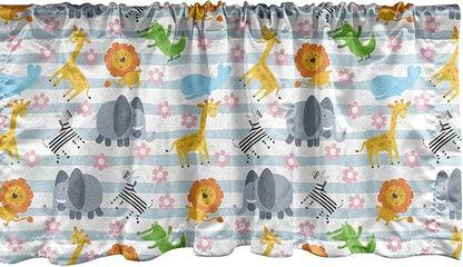 Ambesonne Savannah Window Valance Pack of 2, Friendly Zoo Animals with Happy Faces Cartoon Characters on Stripes Print, Rod Pocket Curtain Valances for Kitchen Bedroom, 42" X 12", Pale Azure Blue