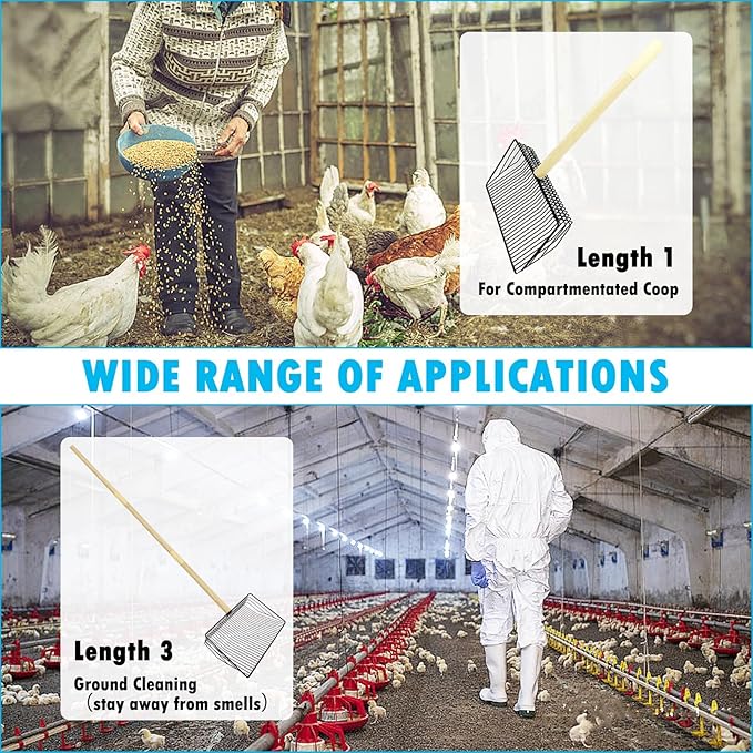 PINVNBY Stainless Steel Chicken Poop Scooper 3 in 1 Adjustable Wooden Handle Poop Scooper for Chicken(18.1" to 42.1")Multifunctional Chicken Coop Cleaning Tools Sifting Shovel Chicken Coop Accessories-Mewly Pet