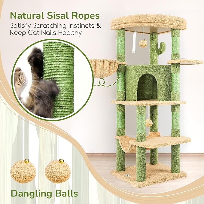 Globlazer Cactus Corner Cat Tree Tower with Scratching Post for Indoor Cats, 51in Multi-Level Cat Condo Tower with Large Hammock, Fan-Shaped Padded Perch, Spacious Cat Cave, Hanging Basket, C51, Green-Mewly Pet