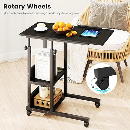 Hadulcet Adjustable C Table with Charging Station, Tiltable Desk C Shaped End Table for Couch, Over Bed Stand with Wheels Adjustable Height, Hospital Table Laptop Stand Drawing Desk, Black