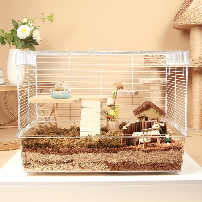 BUCATSTATE Hamster Cage 3-Level with Accessories, Includes Free Exercise Wheel, Water Bottle, Food Bowl & Hamster Hideout, Large Hamster Cage for Dwarf Hamster, Mice, Degus (24.4" L*13.7 "W*16.9" H)-Mewly Pet