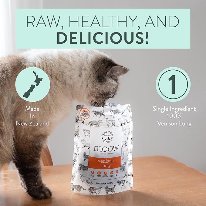 Meow Air Dried Cat Treats - Venison Lung, High Protein, Healthy Cat Snacks and Toppers, All Natural for All Life Stages, 1.76 oz-Mewly Pet