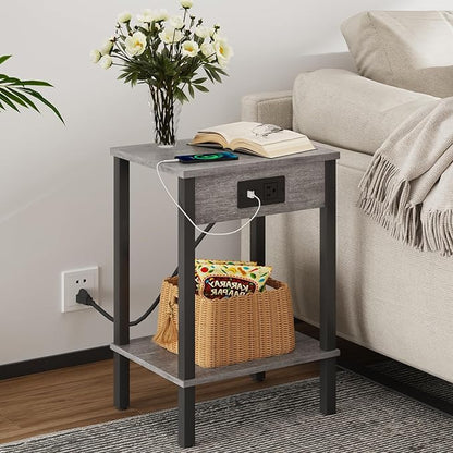 VIMBER Set of 2 End Table with Charging Station, Narrow Side Table with USB Ports and Outlets, Nightstands with 2-Tier Storage Shelves, Sofa Table for Small Space Living Room Bedroom, Grey