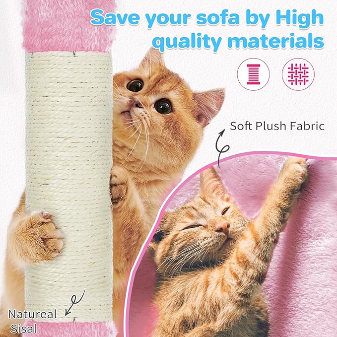 Cat Tree Tower 63in Multi-Level Cat Tower for Indoor Cats with Sisal Scratching Posts, Condo, Hammock, Dangling Ball and Extended Platform for Cats to Play, Pink-Mewly Pet