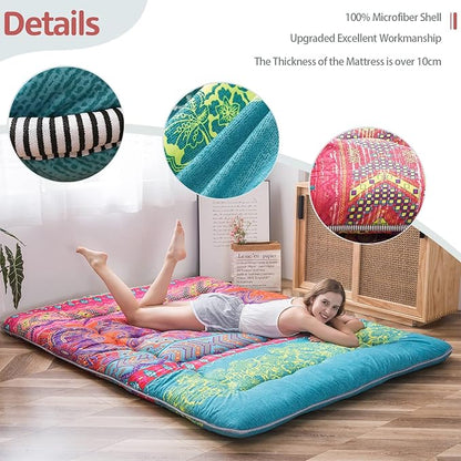 MAXYOYO Bohemian Retro Mattress Boho Floral Japanese Futon Mattress Tatami Floor Mat Foldable Portable Camping, Sleeping Pad, Lounger Couch Bed Full Size