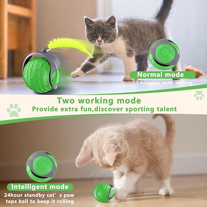 Cat Toys,Interactive Cat Toys Ball for Bored Indoor Cat,Automatic Rolling,Drop Resistant and Obstacle Avoidance,2 Modes Adjustment,Fluffy Tail and USB Type-C Rechargeable（Green）-Mewly Pet